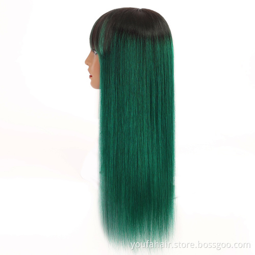 Chinese Vendor Raw Human Hair Glueless None Lace Bangs Wig Ombre 1B Green Virgin Hair Full Machine Made Wigs for Black Women